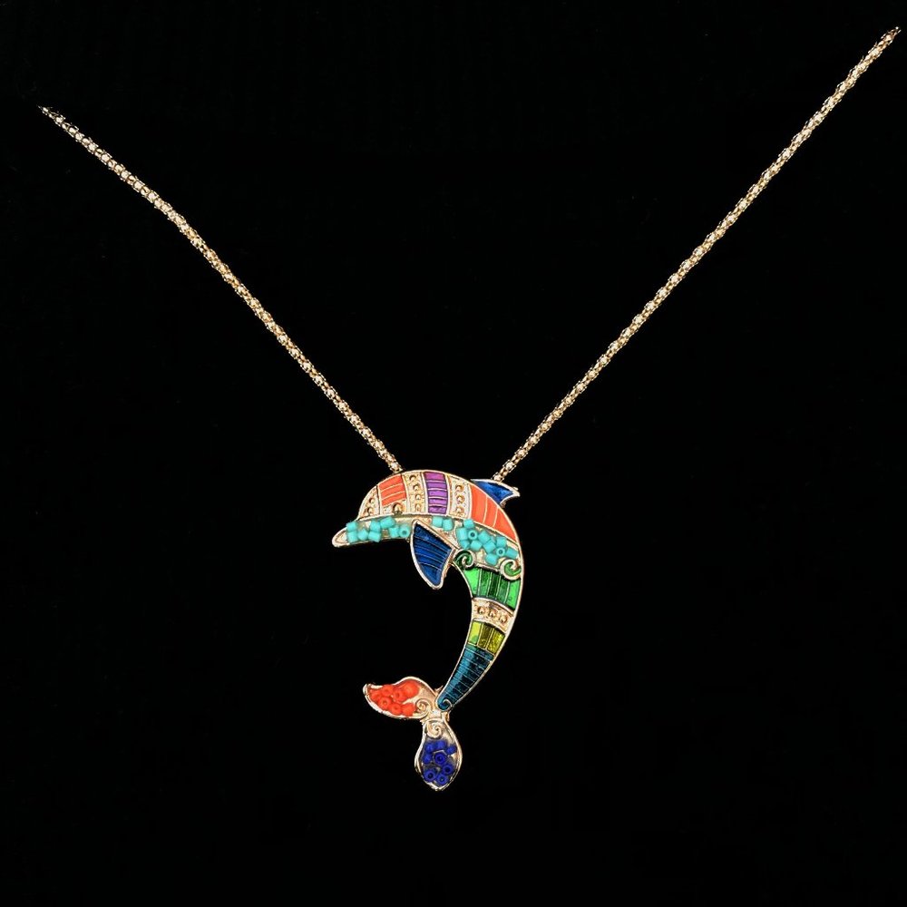 Unique Colorful Enamel Dolphin Pendant Necklace Golden Tone Cool Holiday Gift
